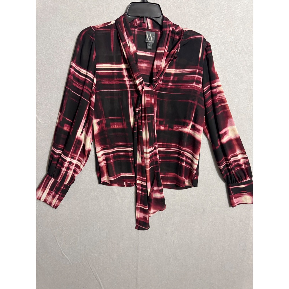 Worthington Womens Small Tie Neck Blouse Burgundy Black Abstract Plaid Top